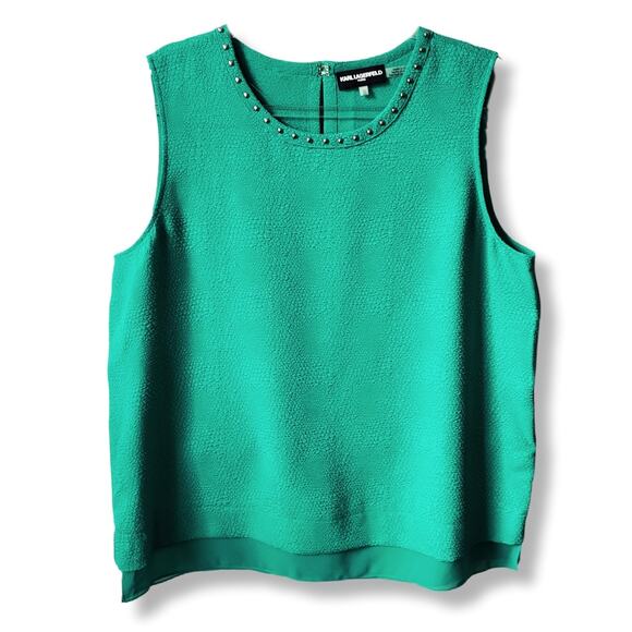 Karl Lagerfeld Paris Mixed Media Sleeveless Blouse Top XL Green Preppy Career - Picture 1 of 11